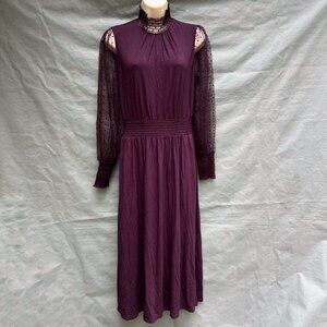 Boden D0360 Tulle Sleeve Plum Fig Purple Midi Party Dress Sz 6 Petite High Neck